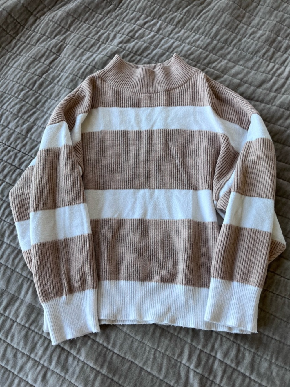 Line & Dot Wide Stripe Mock Neck Sweater in Beige and White